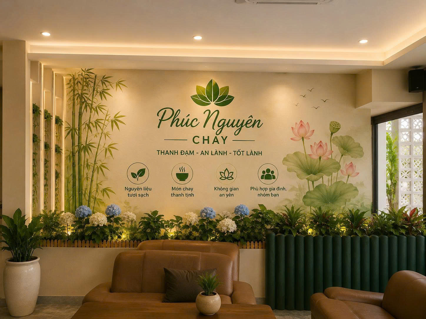 Không gian bàn tiệc chay gia đình Phúc Nguyên Chay